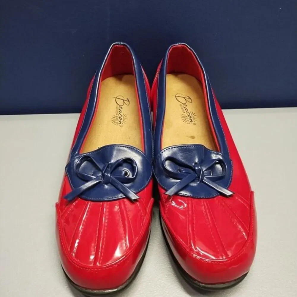 Beacon Misty Duck Rain Shoes Womens Size 11 Red‎ Blue Patent Leather Slip On